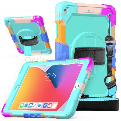 iPad 10.2 (2019 & 2020) case / hoes met screenprotector, handriem en schouderriem voor kinderen en scholen - Kleurrijk Oceaan Blauw 